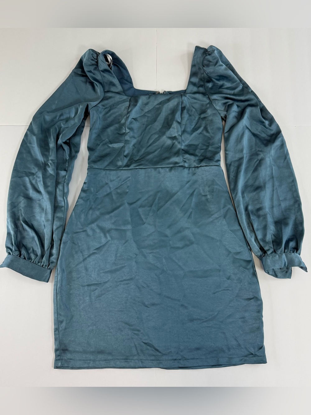 Lulu's Teal Long Sleeve Square Neck Mini Dress silk satin